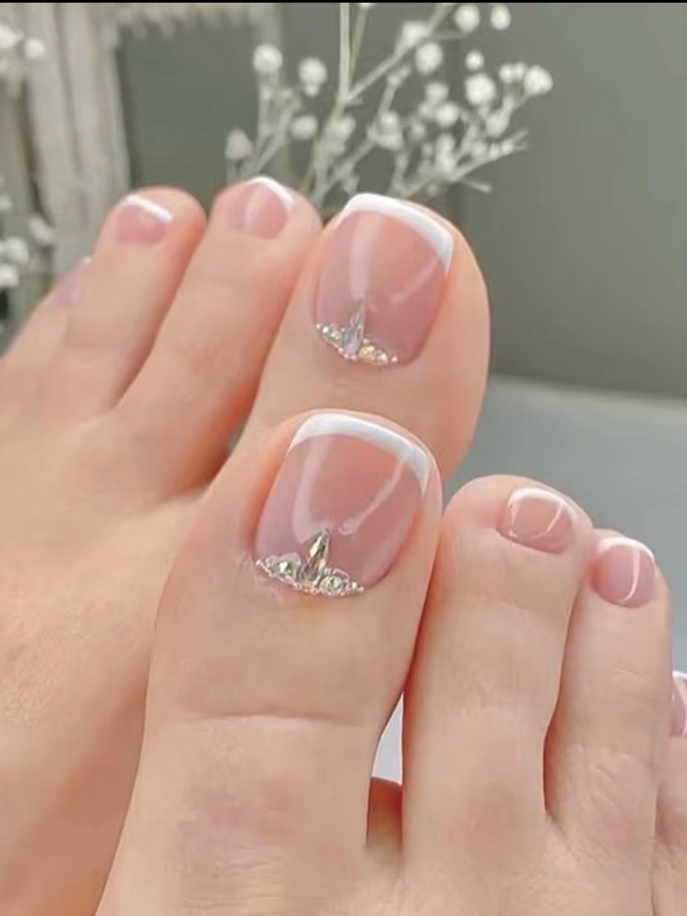 Classic French Pedicure Nail Art with Crystal Accent - Blush Pink & White